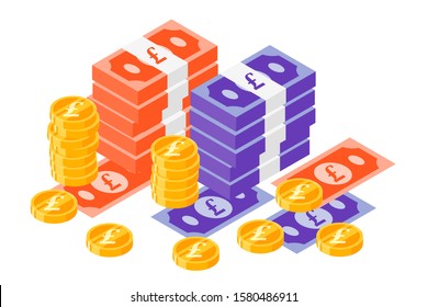 Stack Of UK Pound Sterling GBP 50 And 20 Paper Money And Gold Coin Vector Illustration And Design. United Kingdom Currency And Payment Instrument Element. Usable For Web,mobile, Infographic, And Print