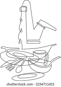 Stack of unwashed dishes. Dishes in the kitchen sink. Water faucet. Continuous line drawing. Vector illustration