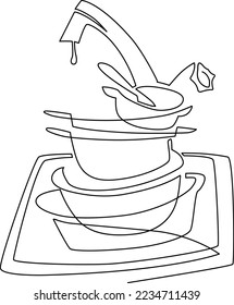 Stapel ungewaschener Gerichte. Geschirr in der Küchenwanne. Wasserhahn. Durchgehende Zeilenzeichnung. Vektorgrafik