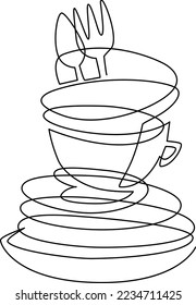 Stack of unwashed dishes. Still life on the kitchen table. Continuous line drawing. Vector illustration