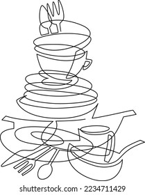 Stack of unwashed dishes. Still life on the kitchen table. Continuous line drawing. Vector illustration