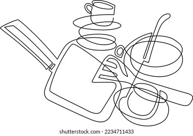 Stack of unwashed dishes. Still life on the kitchen table. Continuous line drawing. Vector illustration