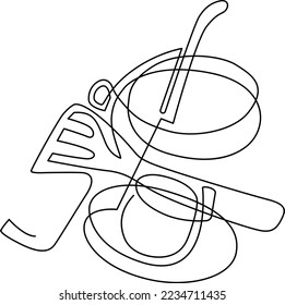 Pila de platos sin lavar. Todavía la vida en la mesa de la cocina. Dibujo continuo de líneas. Ilustración del vector
