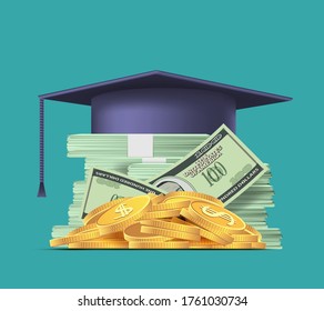 Stack of US paper dollar and gold coins with a student cap at the top. Investing in education. Bribe for learning. Vector illustration