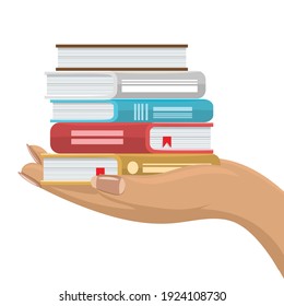 Stack of various books in female hand. Hand holding books. Flat and solid color vector illustration.