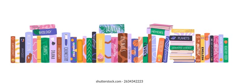 Stack of various books. Home library collection with educational literature, novels, encyclopedias for Back to School, libraries, book fairs or World Book Day. Horizontal illustration on white.