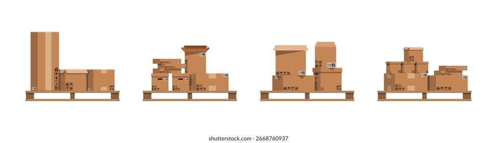 Stack of various cardboard boxes on wooden pallet. Shipping and delivery service concept. E-commerce business illustration.