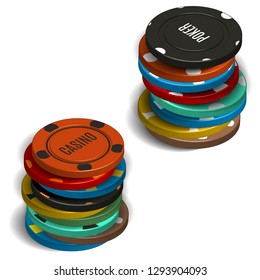 Stack of various casino chips, isolated on white background. 3D isometric style, vector illustration.