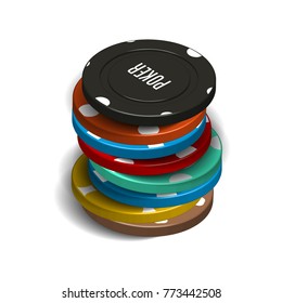 Stack of various casino chips, isolated on white background. Isometric style, vector illustration.