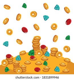 Stack of various treasures and golden coins, flat cartoon vector illustration isolated on white background. Precious colorful gems and gold coins falling in pile.