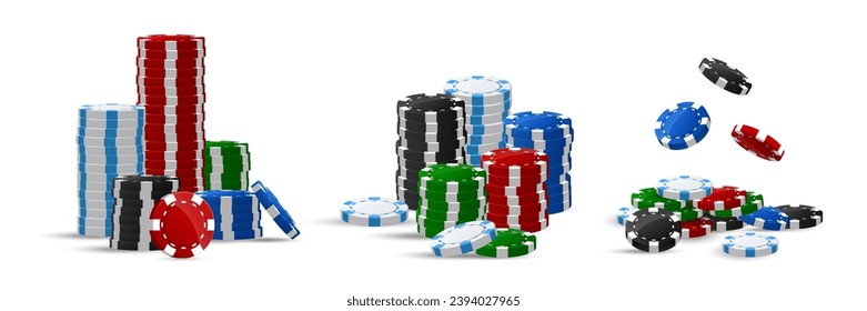 Stack of vegas casino black, green, white and red poker chip, gambling addiction, huge jackpot, successful bet, lucky game. Concept of playing game via real cash. White background. Vector illustration