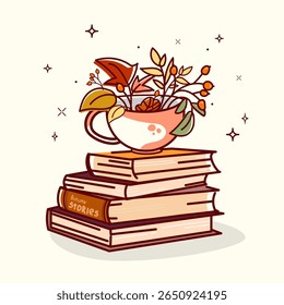 Stack of vintage books with decorative autumn cup holding fall leaves, berries, and florals in warm hand-drawn style illustration.Cozy Fall Tea and Books Vector with Floral Arrangement Modern print