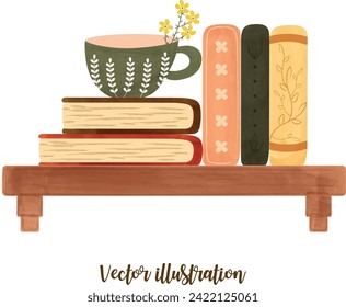 stack of vintage books on shelf watercolor hand drawn clipart vector illustration for decoration invitation greeting birthday party celebration wedding card poster banner textiles wallpaper background