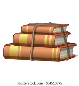 A stack of vintage books tied with a rope isolated on white background. Vector cartoon close-up illustration.