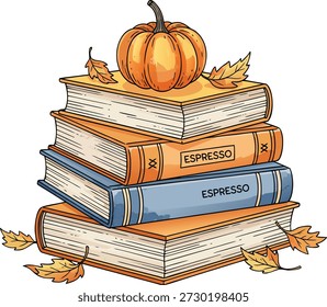 A stack of vintage books topped with a miniature and a pumpkin creates a heap of literature representing knowledge, wisdom, and school education in a library.