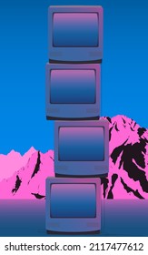 Stack of vintage crt tv in pink and ultramarine neon glow ambience and retro mountain wallpaper, aesthetic background illustration