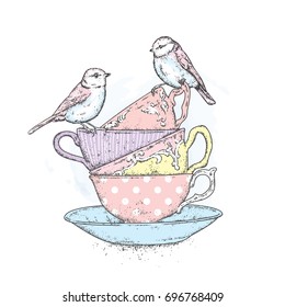 A stack vintage cups   tender birds  Vector illustration for postcard poster  Tea  coffee cappuccino 