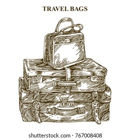 Stack of vintage suitcases. Engraving style. Sketch. Vector illustration.