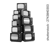Stack of vintage television sets isolated on white background. Retro TV tower in black and white halftone style. Media, broadcast, technology, nostalgia and mass communication concept.
