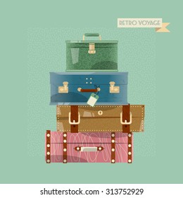 Stack of vintages suitcases. Retro voyage. Vector illustration.