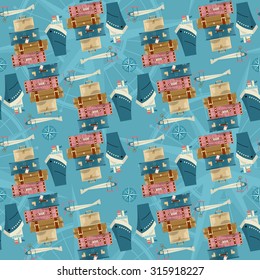 Stack of vintages suitcases, ship, airplane, and wind rose. Seamless background pattern. Vector illustration