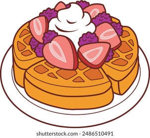 Stack of waffles with strawberries, grapes and cream in the plate