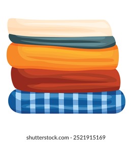 Stack of warm folded plaids of different colors and patterns is lying on a white background