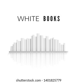 Stack of white books on bookshelf  with reflection. Books spine for your design. Vector illustration