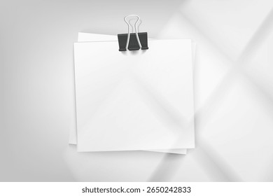 Stack of white paper stickers on bright background with window light. 3d vector mockup