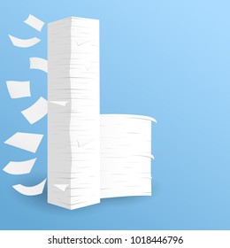 Stack of white sheets paper flying in blue room on floor