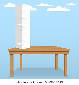 Stack of white sheets and paper in office on brown table top with clouds on blue sky.
