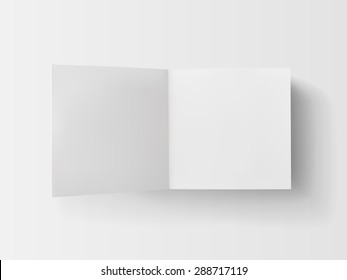 Stack of white stickers with the open page. Top view. Isolated on white. 