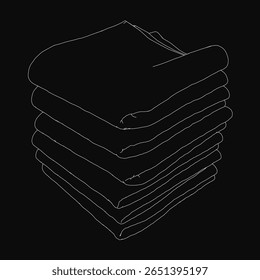 Uma pilha de contornos de toalha branca com linhas vetoriais limpas em um fundo preto, dispostos em uma pilha organizada com a camada superior levemente inclinada. O design minimalista apresenta contornos brancos nítidos contra.