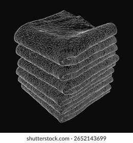 Uma pilha de wireframe de toalha branca com linhas vetoriais limpas fica perfeitamente sobre um fundo preto, apresentando contornos brancos nítidos e uma camada superior levemente inclinada.