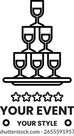 A stack of wine glasses on a plate with the words "Your Event" written below. Concept of celebration and sophistication, as the wine glasses are arranged in a pyramid shape