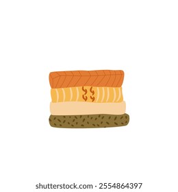 Stack of winter clothes isolated on white background. Pile of sweaters. Vector flat illustration