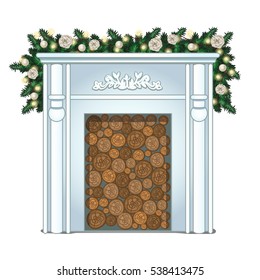 A stack of wood in the false fireplace without fire isolated on white background. Ideas festive interior. Attributes of New year and Christmas. Vector illustration close-up.
