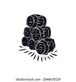 Pila de ilustraciones vectoriales de barriles de madera en estilo de linocut. Impresión negra sobre fondo blanco