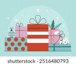 Stack of wrapped Christmas gift boxes. Merry Christmas concept with presents wrapped in paper and decorated with ribbons and bows. Happy New Year vintage design for greeting cards, banners and web.