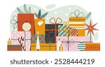 Stack of wrapped Christmas gift boxes. Merry Christmas concept with presents wrapped in paper and decorated with ribbons and bows. Happy New Year vintage design for greeting cards, banners and web.