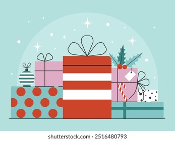 Pilha de caixas de presente de Natal embrulhada. Feliz Natal conceito com presentes embrulhados em papel e decorados com fitas e arcos. Feliz Ano Novo design vintage para cartões de felicitações, banners e web.