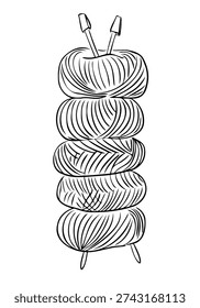 Stack of yarn ball with knitting needle in hand drawn outline style. Craft hobby illustration for knitting handmade and creativity concept