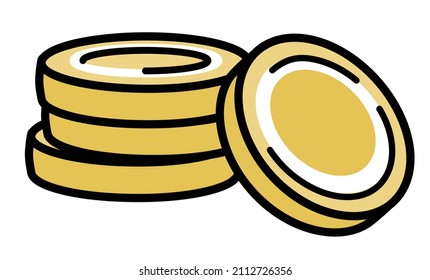 Una pila de monedas doradas amarillas al estilo de las caricaturas de doodle. Ilustración del vector aislada en fondo blanco
