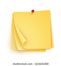 Stack of yellow paper with red pin, empty sticker template with corners curls up. Vector notes, memory, remind. Bent realistic pages set collection.