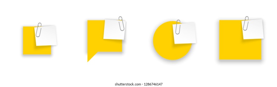 Stack of Yellow stickers attached metal paper clip with corner, ready for your message. Set of Yellow color stickers isolated on white wall background. illustration set paper Front white wall view