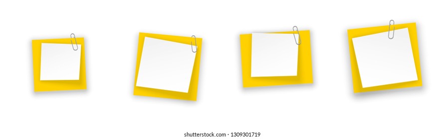 Stack of Yellow stickers attached metal paper clip with corner, ready for your message. Set of Yellow color stickers isolated on white wall background. illustration set paper Front white wall view
