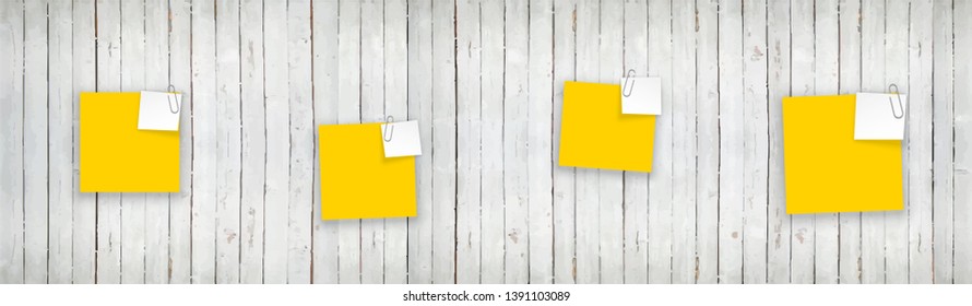 Stack of Yellow stickers attached metal paper clip with corner, ready for your message. Set of Yellow color stickers isolated on white wall background. illustration set paper Front white wall view