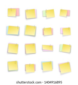 Stack of Yellow stickers attached metal paper clip with corner, ready for your message. Set of Yellow color stickers isolated on white wall background. illustration set paper Front white wall view
