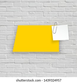 Stack of Yellow stickers attached metal paper clip with corner, ready for your message. Set of Yellow color stickers isolated on white wall background. illustration set paper Front white wall view