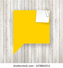 Stack of Yellow stickers attached metal paper clip with corner, ready for your message. Set of Yellow color stickers isolated on white wall background. illustration set paper Front white wall view
